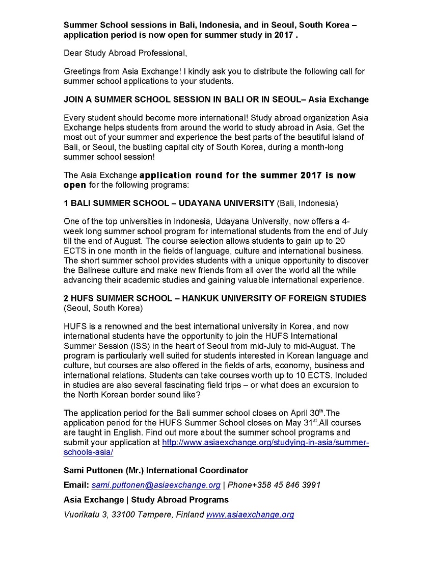 Summer School Opportunities for UVic Students in Bali, Indonesia, and Seoul, South Korea, for 2017